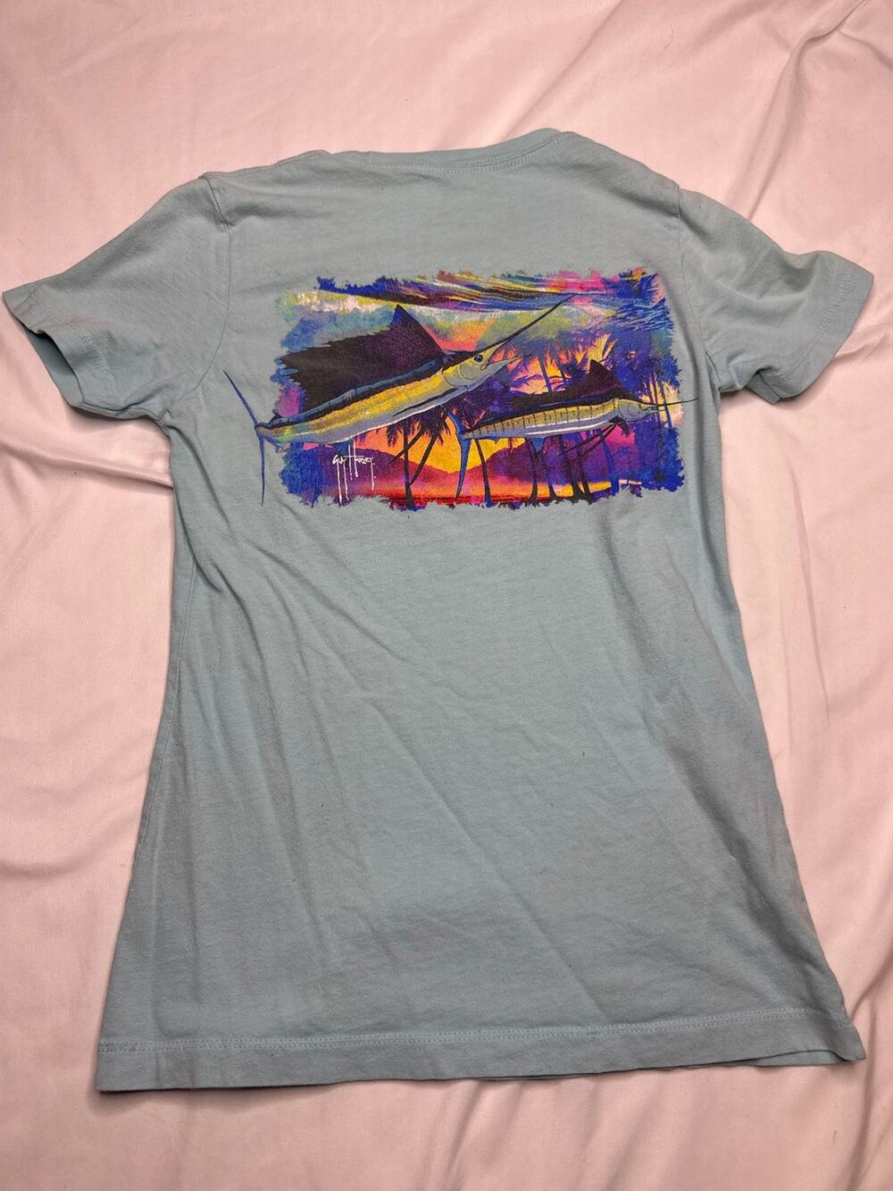 Guy Harvey Women’s XS Sailfish Marlin Graphic T Shirt Blue Tropical Fishing